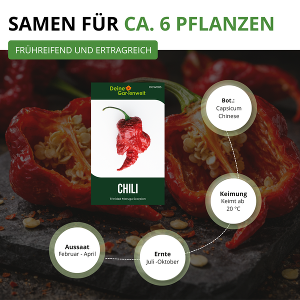 Infografik für Chili-Samen Trinidad Moruga Scorpion, Deine Gartenwelt Logo, für circa 6 Pflanzen mit Details zu Aussaat, Ernte und Keimung.