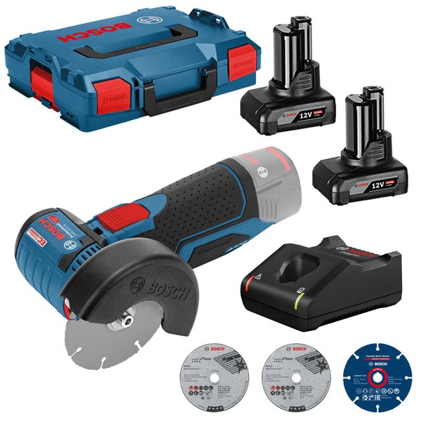Bosch Professional Akku-Winkelschleifer GWS 12 Volt-76 Set mit L-BOXX, zwei 12 Volt Akkus, Ladegerät und drei Trennscheiben.