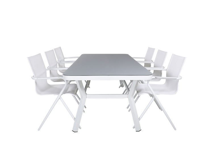 Virya Gartenset Tisch 100x200cm und 6 Stühle Alina weiß, grau. 100 X 200 X 74 cm