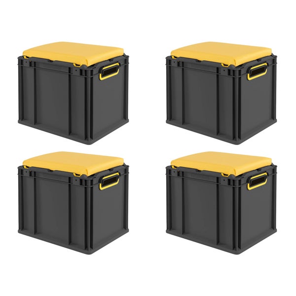 Vier graue Aufbewahrungsboxen mit gelben Sitzkissen