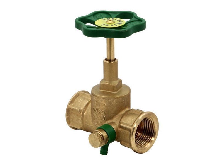 Schrägsitzventil aus Messing mit grünem Handrad und integriertem Entleerungsventil für die Wasserinstallation.
