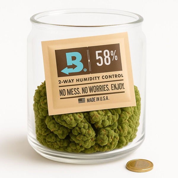 Boveda 58 Prozent 2-Wege-Feuchtigkeitsregler Beutel in Glas mit getrockneten Pflanzen und Münze zum Größenvergleich.