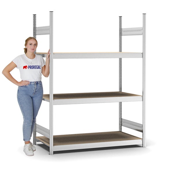 PROREGAL Weitspannregal Stecksystem T-Profil Grundregal HxBxT 200x150x60 cm 3 Ebenen Spanplatten Fachboden Fachlast 350 kg Verzinkt