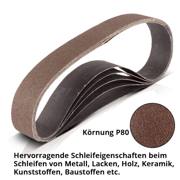 Schleifband-Set mit Körnung P80 und Detailansicht der Oberfläche für Metall, Lack, Holz, Keramik, Kunststoffe und Baustoffe.