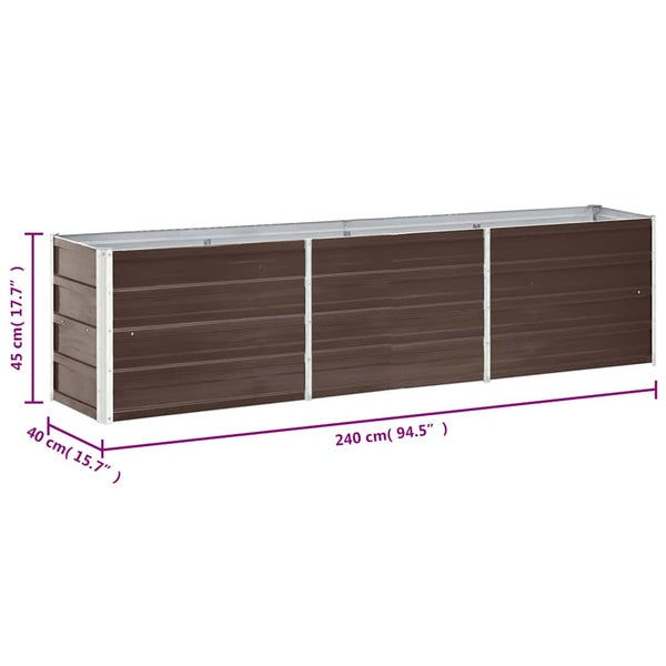 Hochbeet aus Metall, Länge 240 Zentimeter, Breite 40 Zentimeter, Höhe 45 Zentimeter.