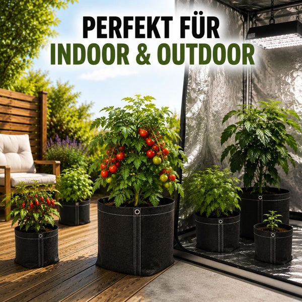 Pflanztaschen aus Textil für Gemüse und Kräuter, geeignet für den Innen- und Außenbereich wie Terrasse oder Growzelt.