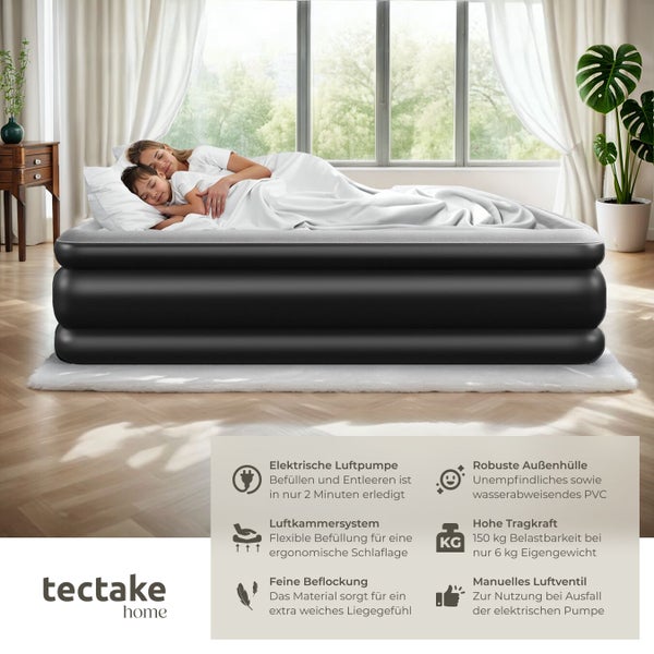 Aufblasbares Luftbett von tectake home, helles Zimmer, schlafende Personen, elektrische Pumpe, belastbar bis 150 Kilogramm, tectake home Logo.