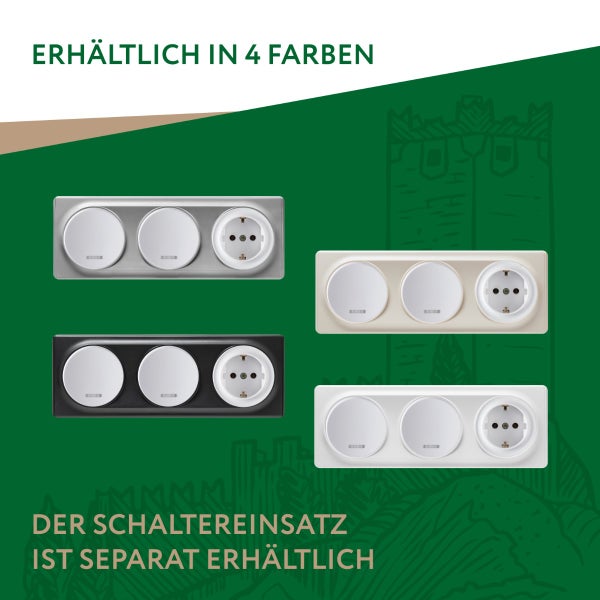 Vier Ausführungen von dreifachen Abdeckrahmen mit zwei runden Schaltern und einer Steckdose für Schalterprogramme