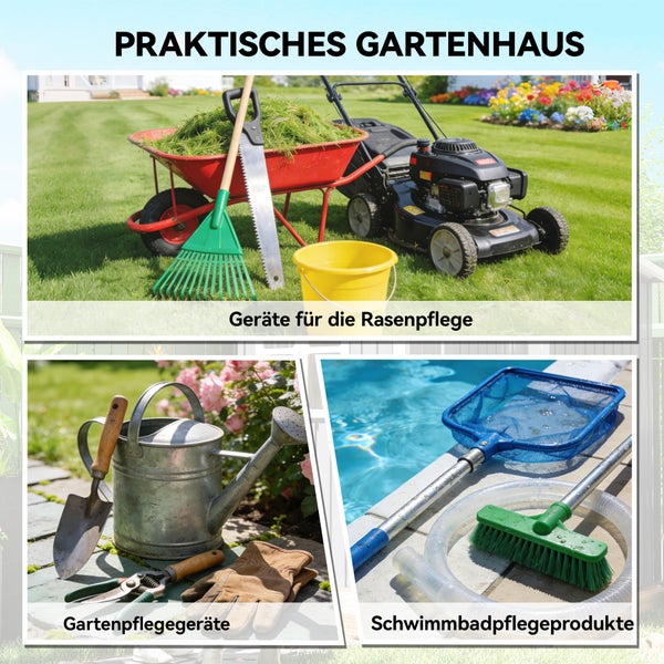 Collage mit Geräten zur Rasenpflege, Gartenpflege und Schwimmbadpflege wie Rasenmäher, Gießkanne, Schaufel und Poolkescher.