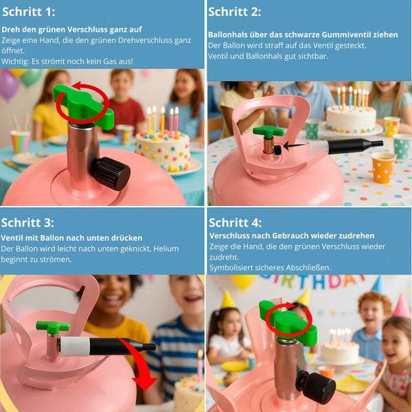 Anleitung zur Verwendung einer Heliumflasche in vier Schritten.
