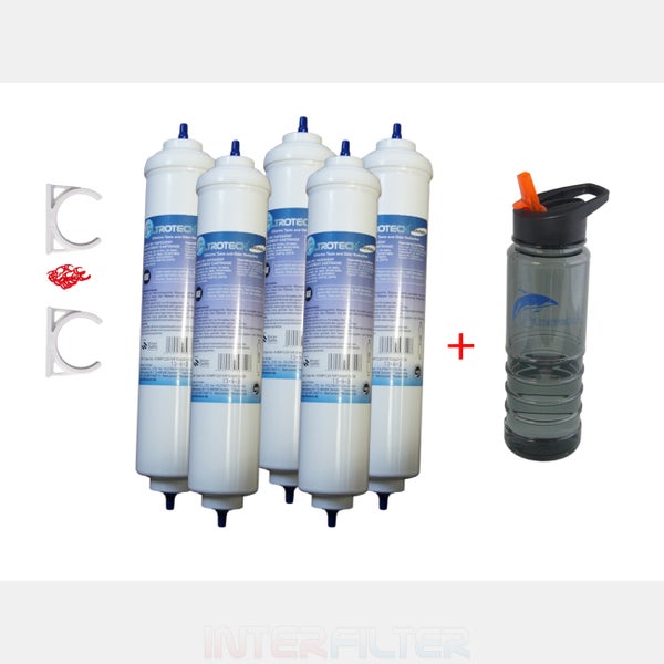 Set aus fuenf Filtrotech Wasserfilterkartuschen inklusive Halterungen und einer Trinkflasche