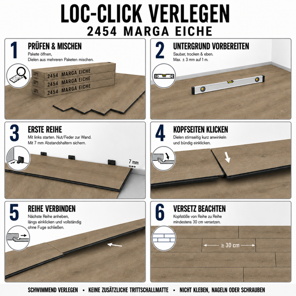 Verlegeanleitung für Marga Eiche Klickvinyl mit sechs Schritten inklusive Hinweisen zur Vorbereitung und Installation der Paneele.