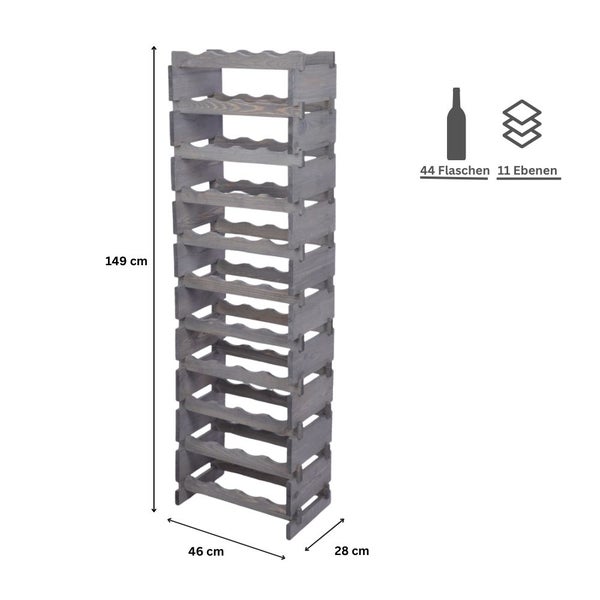 Weinregal VINOTECA FLEX PRO HxBxT 149x46x28cm 44 Flaschen auf 11 Ebenen Massives Kiefernholz Grau