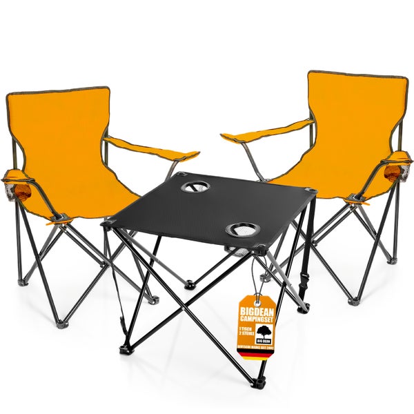 BigDean 2 Stück Campingstuhl mit Campingtisch faltbar – Faltstuhl in Neon Orange mit Getränkehalter & Tragetasche ideal für Camping, Festival & mehr