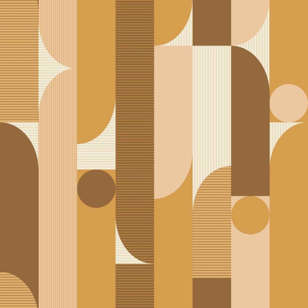 Tapete mit geometrischem Muster aus vertikalen Streifen, Kreisen und abstrakten abgerundeten Formen mit feinen Linientexturen.