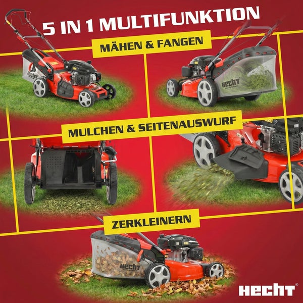 Das Bild zeigt eine 5 in 1 Multifunktions-Rasenmäher von Hecht, der mähen, fangen, mulchen, mit Seitenauswurf arbeiten und zerkleinern kann.