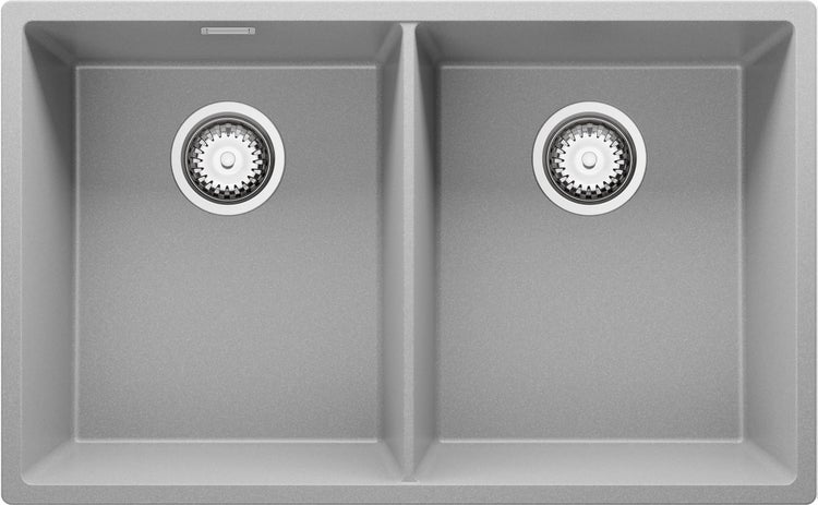 PRIMAGRAN Spülbecken Grau 76x47cm, Granitspüle 2 Becken + Ablauf-Set, Küchenspüle ab 80er Unterschrank - London Slim Twin