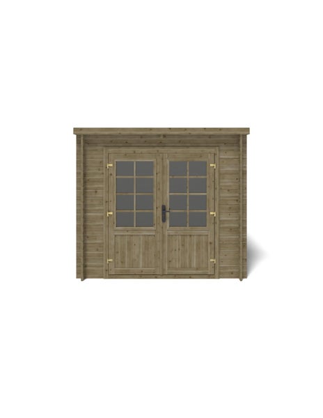 Gartenhaus aus Holz mit Doppeltür und Fenstern, Flachdach.