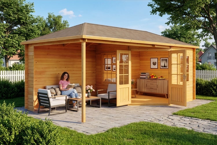 Modernes Gartenhaus aus Holz mit Walmdach, verglaster Doppeltür und integrierter überdachter Terrasse in einer Gartenlandschaft.