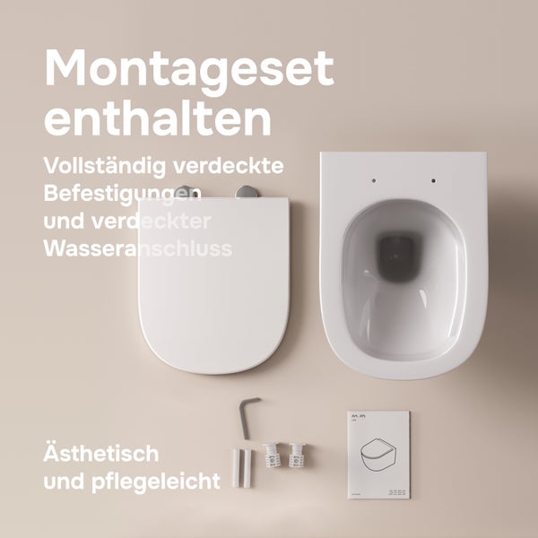 Wand-WC Set mit WC-Sitz, verdeckter Befestigung, Anschlussmaterial und Montageanleitung auf hellem Hintergrund.