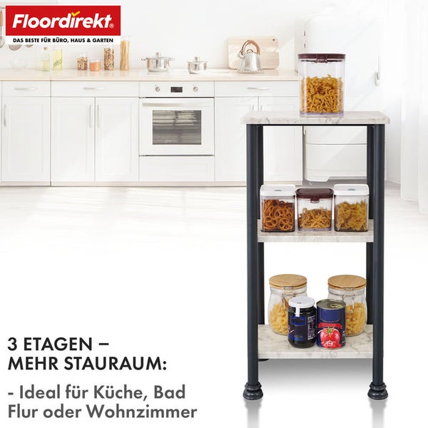 Küchenwagen mit drei Ablagen zur Aufbewahrung von Lebensmitteln vor Küchenkulisse