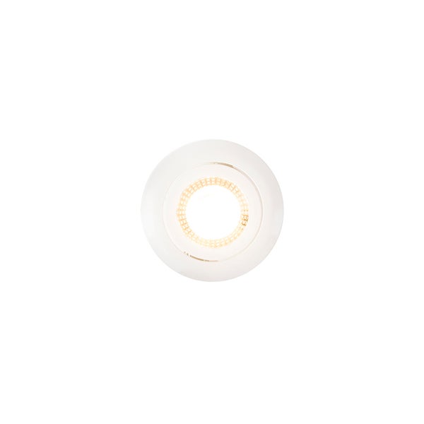 Runder Einbaustrahler mit weißem Gehäuse und strukturierter Optik in der Mitte.