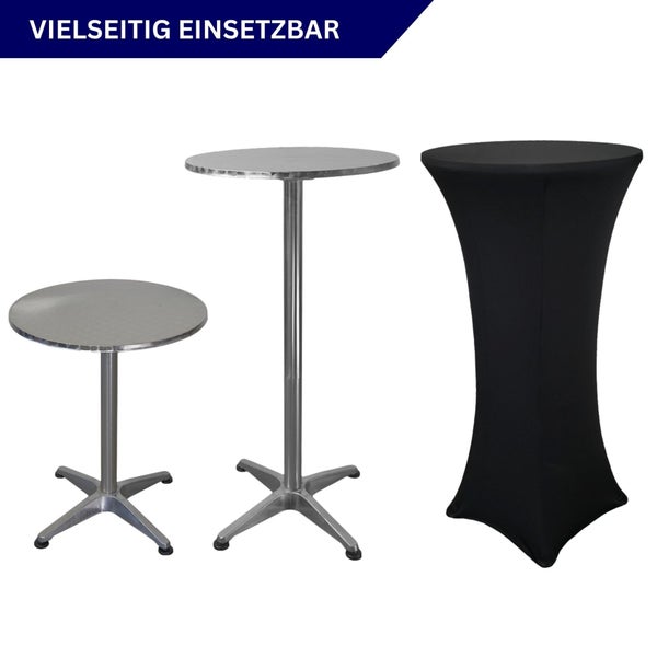 Drei Stehtische mit runden Tischplatten und Metallgestellen sowie ein Stehtisch mit schwarzer Husse