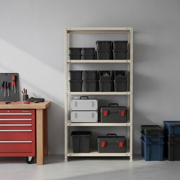 Helles Metallregal in einer Werkstatt mit Lagerboxen und Werkzeugkoffern neben einer Werkbank mit rotem Werkstattwagen.