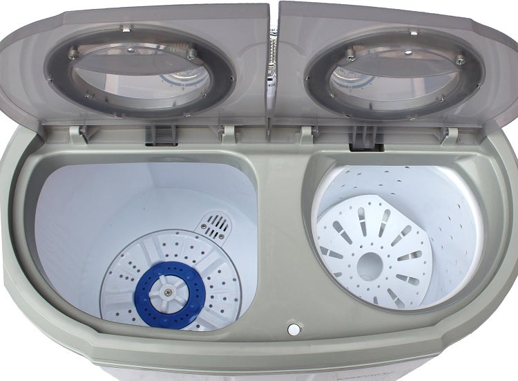 JUNG CAMRY CR8052 Mini Waschmaschine mit Schleuder weiss/grau, Waschautomat bis 3 KG, 2 Kammer Reisewaschmaschine, Miniwaschmaschine, Camping Mobile Waschmaschine, Toploader