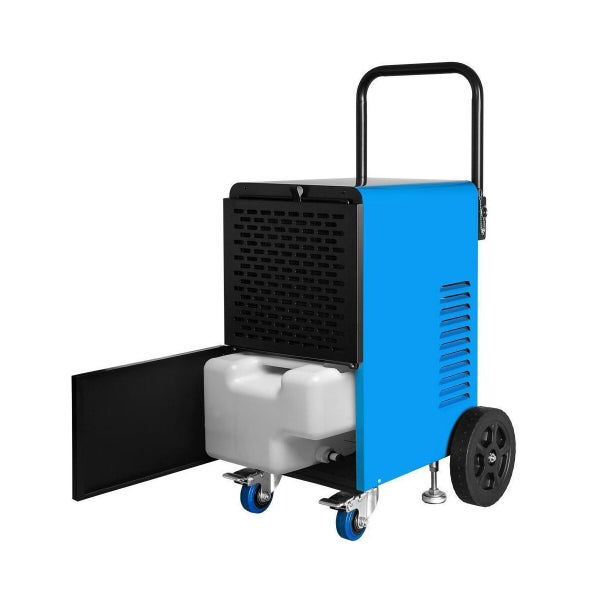 Blauer Bautrockner mit Rädern und Wassertank