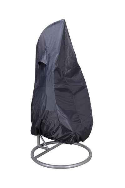Dunkelgraue Schutzhülle für Hängesessel aus wetterfestem Gewebe mit Belüftungsöffnung auf einem silberfarbenen Metallgestell.