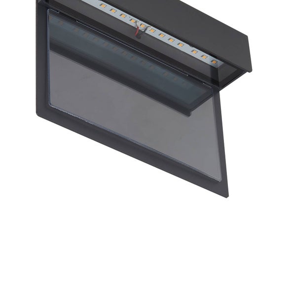 Schwarze LED Außenwandleuchte aus Metall mit Glasabdeckung und sichtbarer LED Leiste.