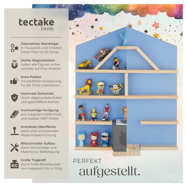 Wandregal tectake Mylittle Story 50 x 15,5 x 60 cm, unsichtbare Aufhängung für bis zu 50 Tonies blau