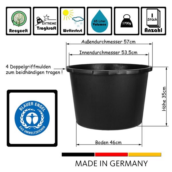 BigDean Mörtelkübel 65 Liter Rund Miniteich Baueimer Mörtelkasten - Ø 57 cm x 35 cm - Speiswanne Zementwanne Mörtelwanne - Made in Germany - Blauer Engel
