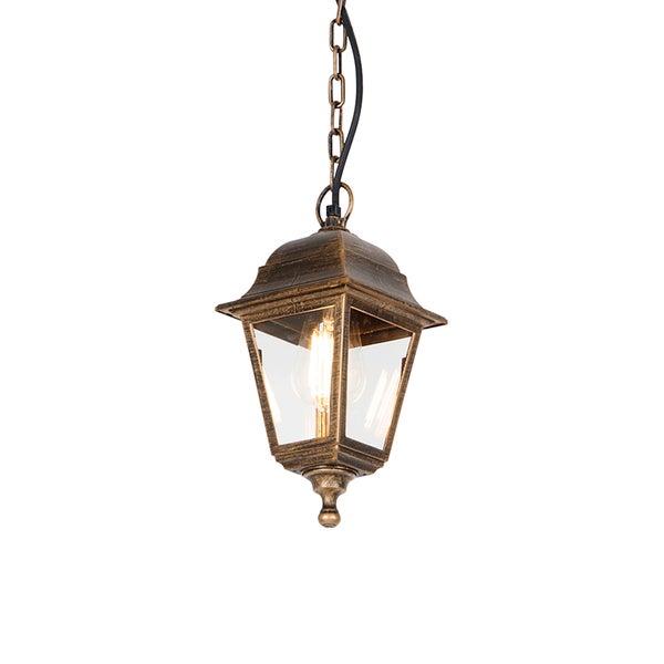 Klassische Außenpendelleuchte in Laternenform aus Metall mit Glaseinsätzen und Kette.