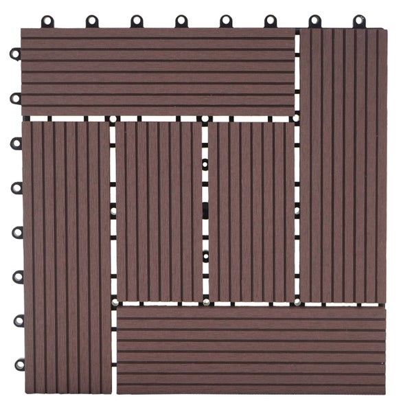 Braune Klickfliese aus Holz-Kunststoff-Verbundwerkstoff mit geriffelter Oberfläche und Mosaik-Muster für Terrasse und Balkon.