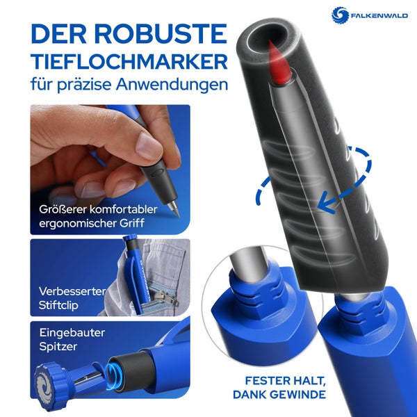 FALKENWALD® Tieflochmarker Bleistift [ + 7 Minen + Spitzer + Schreibgriff ] - Zimmermannsbleistift