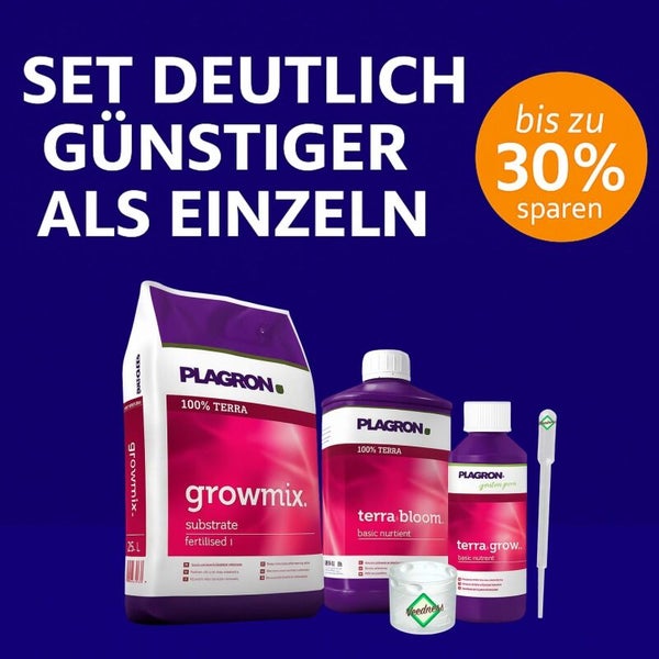 Plagron Set mit Growmix Substrat 25 Liter, Terra Bloom und Terra Grow Flüssigdünger inklusive Messbecher und Pipette.