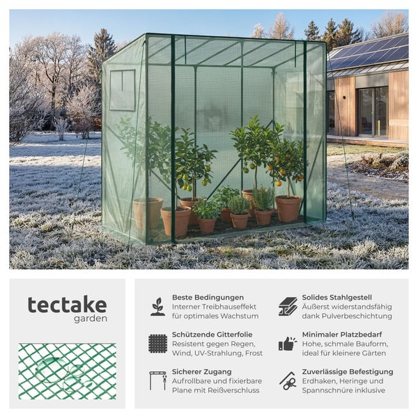 Infografik zum Tectake Foliengewächshaus in einem winterlichen Garten mit Pflanzen, Stahlgestell, schützender Gitterfolie und tectake garden Logo.