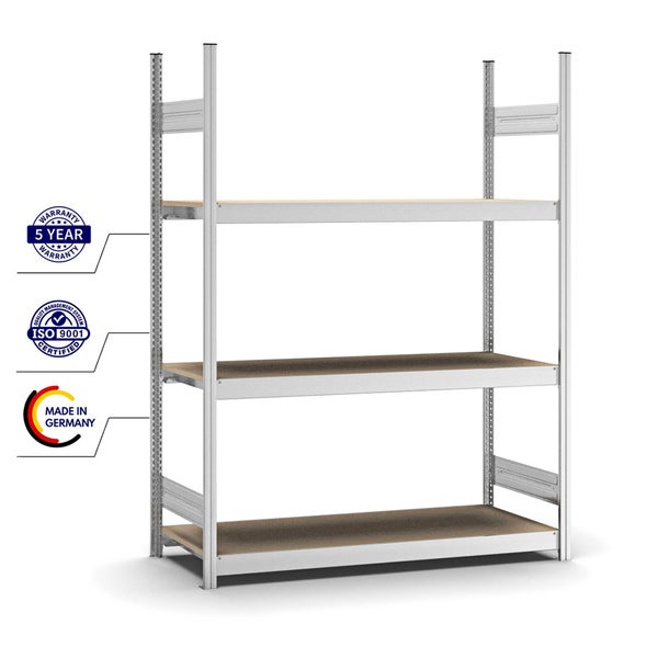 PROREGAL Weitspannregal Stecksystem T-Profil Grundregal HxBxT 200x150x50 cm 3 Ebenen Spanplatten Fachboden Fachlast 350 kg Verzinkt