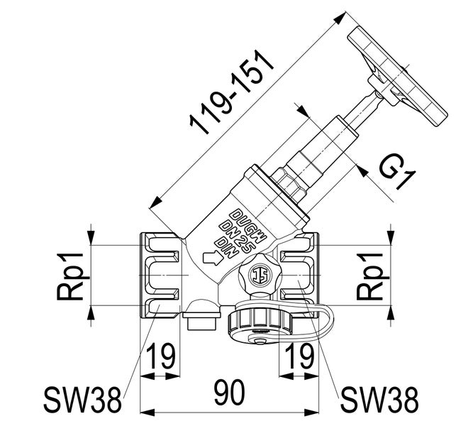 Technische Zeichnung eines Freistromventils Nennweite 25 mit Maßangaben in Millimeter, Gewinde Rp 1 und G 1.
