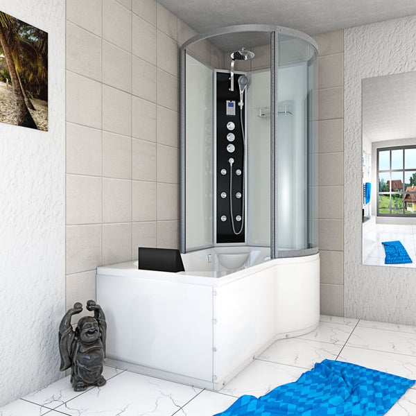 Dusch-Badewannen-Kombination in einem hellen Badezimmer mit Glaswänden, Duschpaneel mit Massagedüsen und weißer Wanne mit Nackenstütze.