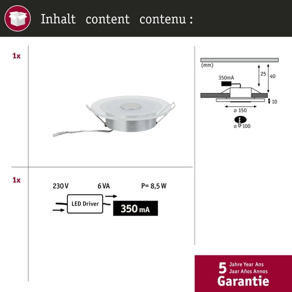 LED Einbauleuchte Whirl, runde flache Form, 45 Millimeter Einbautiefe, verkettbar, für 230 Volt Direktanschluss.