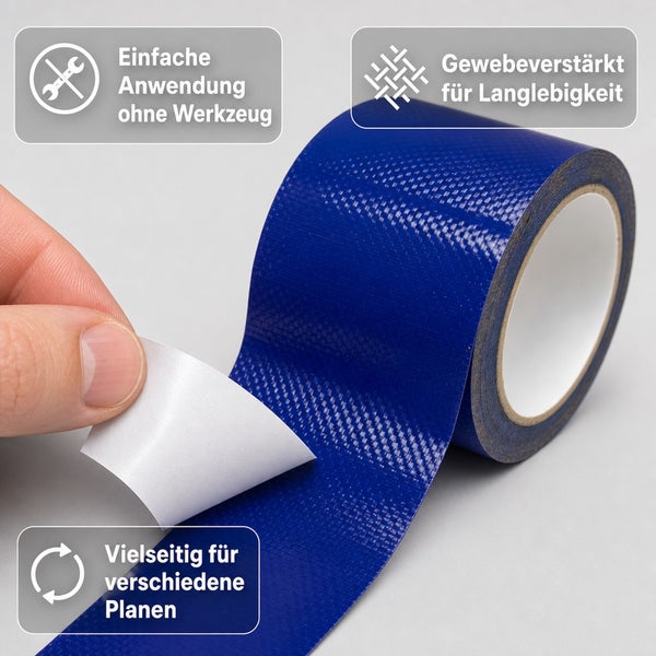 Gewebereparaturklebeband für Planen mit Symbolen für einfache Anwendung, Langlebigkeit und Vielseitigkeit.