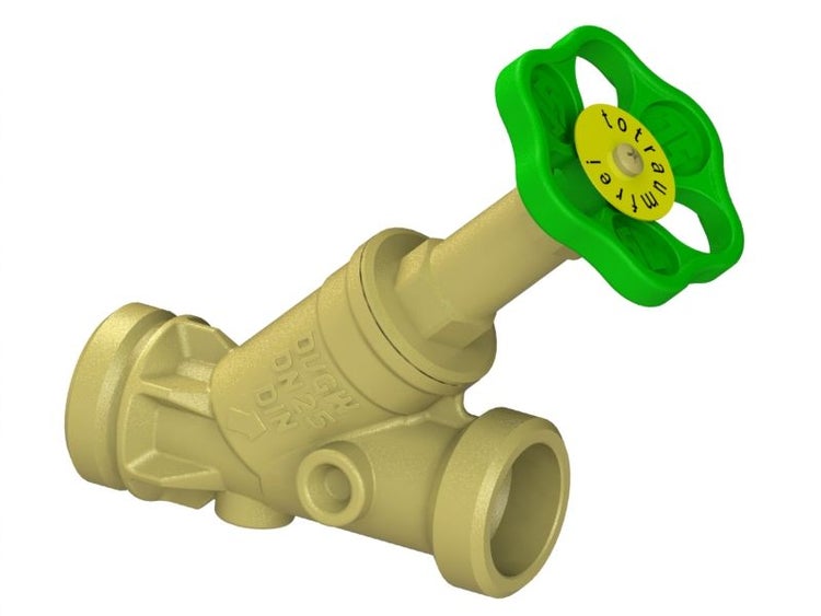 Schrägsitzventil Nennweite 25 aus Messing mit grünem Handrad, totraumfrei und zertifiziert.