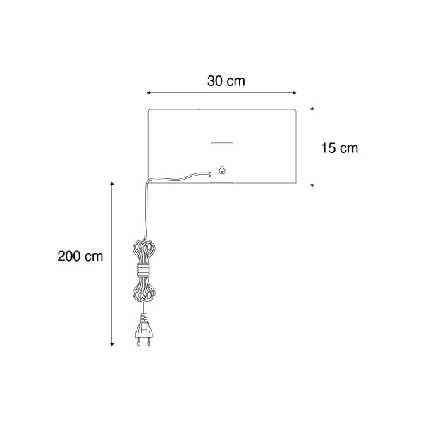 Technische Zeichnung einer Lampe mit den Maßen 30 mal 15 Zentimeter und einem 200 Zentimeter langen Kabel.