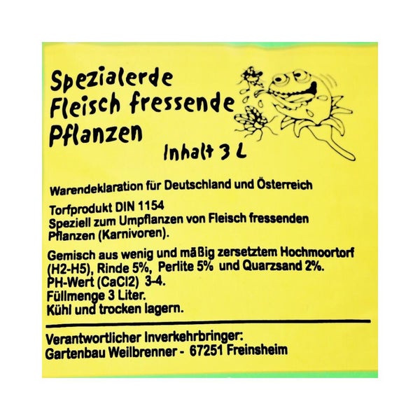 Spezialerde für fleischfressende Pflanzen, Inhalt 3 Liter, Etikett mit Hinweisen zu Zusammensetzung, pH-Wert und Anwendung zum Umtopfen.