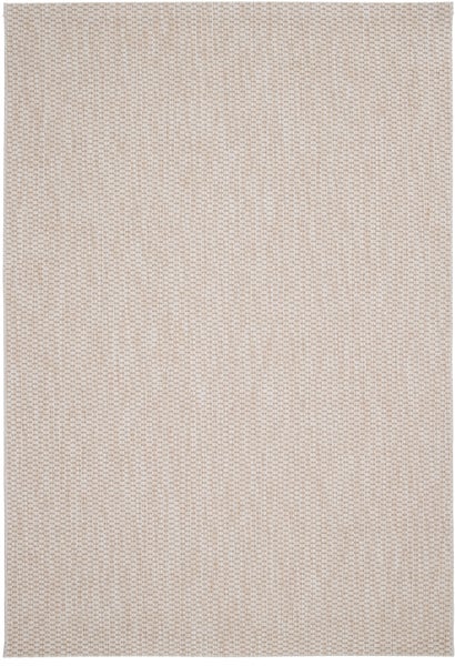 Rechteckiger flachgewebter Teppich mit strukturierter Oberfläche in Beige.