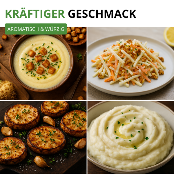 Collage mit Sellerie-Gerichten: Suppe, Salat, gebratene Selleriescheiben und Püree