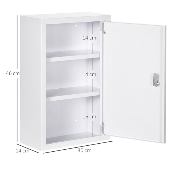 kleankin Medizinschrank, Apothekerschrank mit 3 Schichten, Abschließbarer Arzneischrank, Medikamentenschrank mit 2 Schlüsseln, Wand-Medizinbox, Stahl, Weiß, 30 x 14 x 46 cm